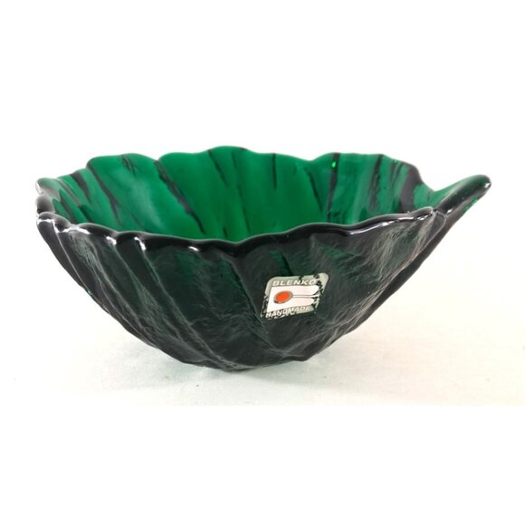 Vintage Blenko Cabbage Leaf Glass Bowl Emerald Green Candy Dish Art Sticker 6" - Picture 1 of 5